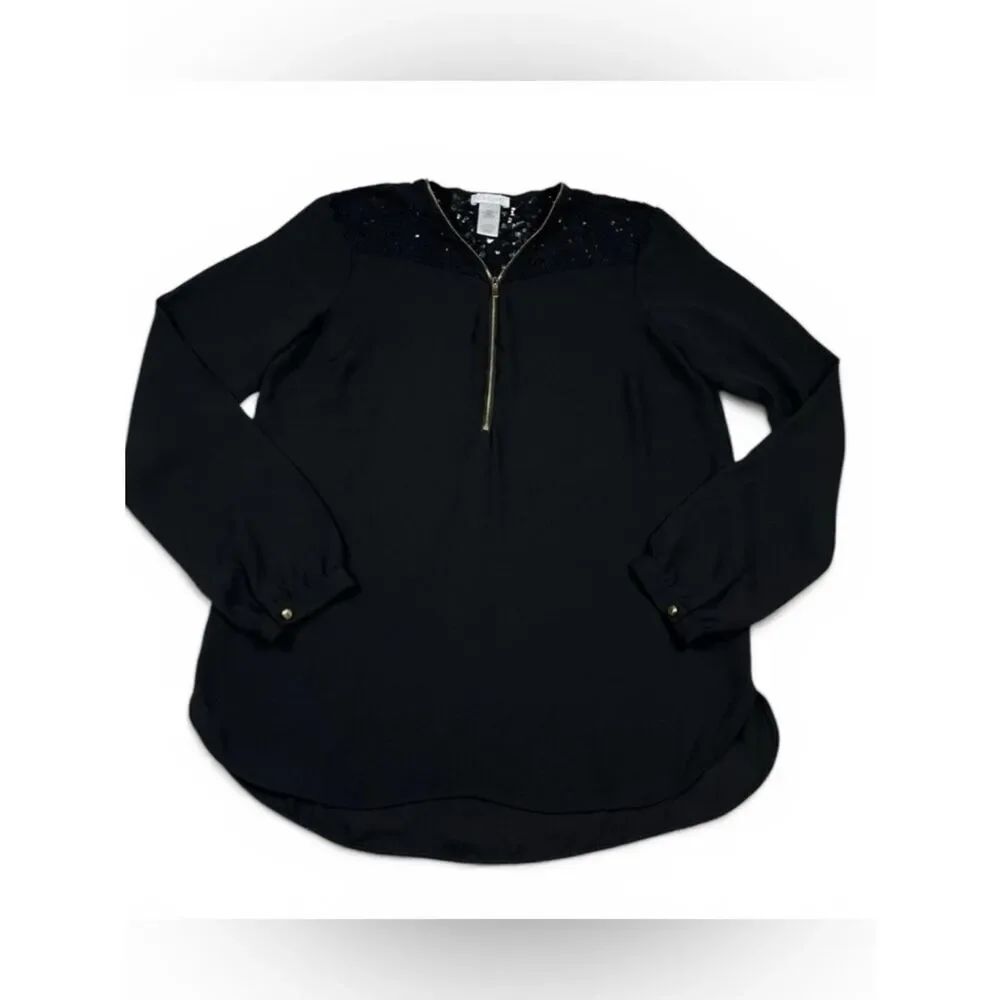 Cache 1/4 Zip Back Lace Blouse Black Long Sleeve Lightweight Relaxed Fit Shirt S